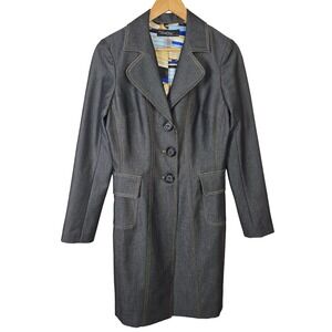 Cache Contour Collection Womens Gray Denim Look Long Blazer Trench Coat Size S